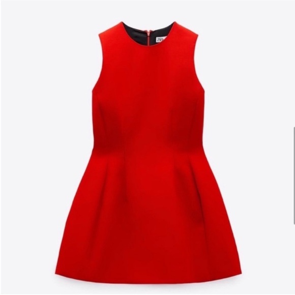 NWT Zara Red Voluminous Tulip Mini Dress Crepe Material- Size XS - Picture 2 of 6